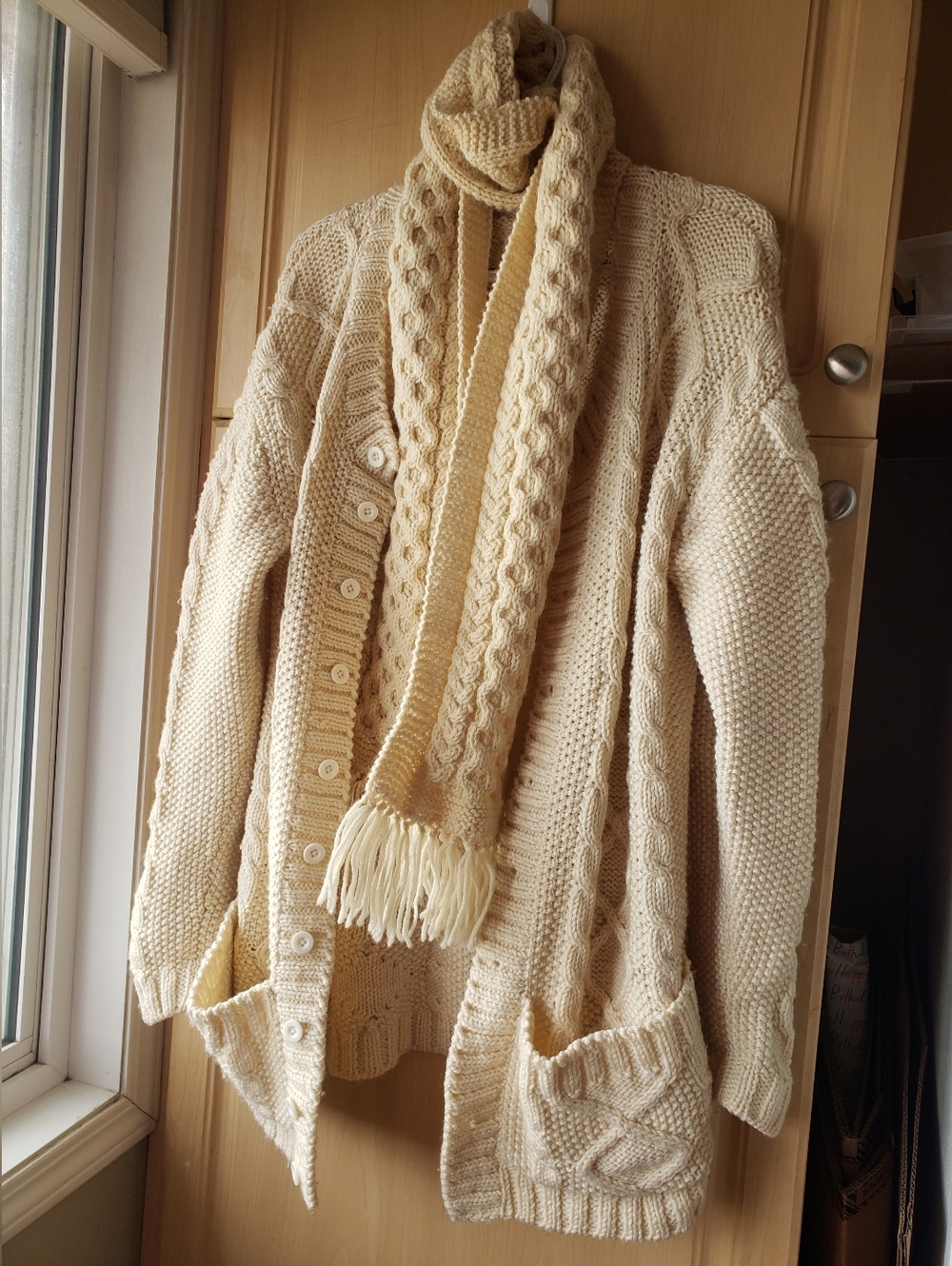 Handmade Wool Chunky Cream Cable-Knit Button Cardigan Sweater With Scarf